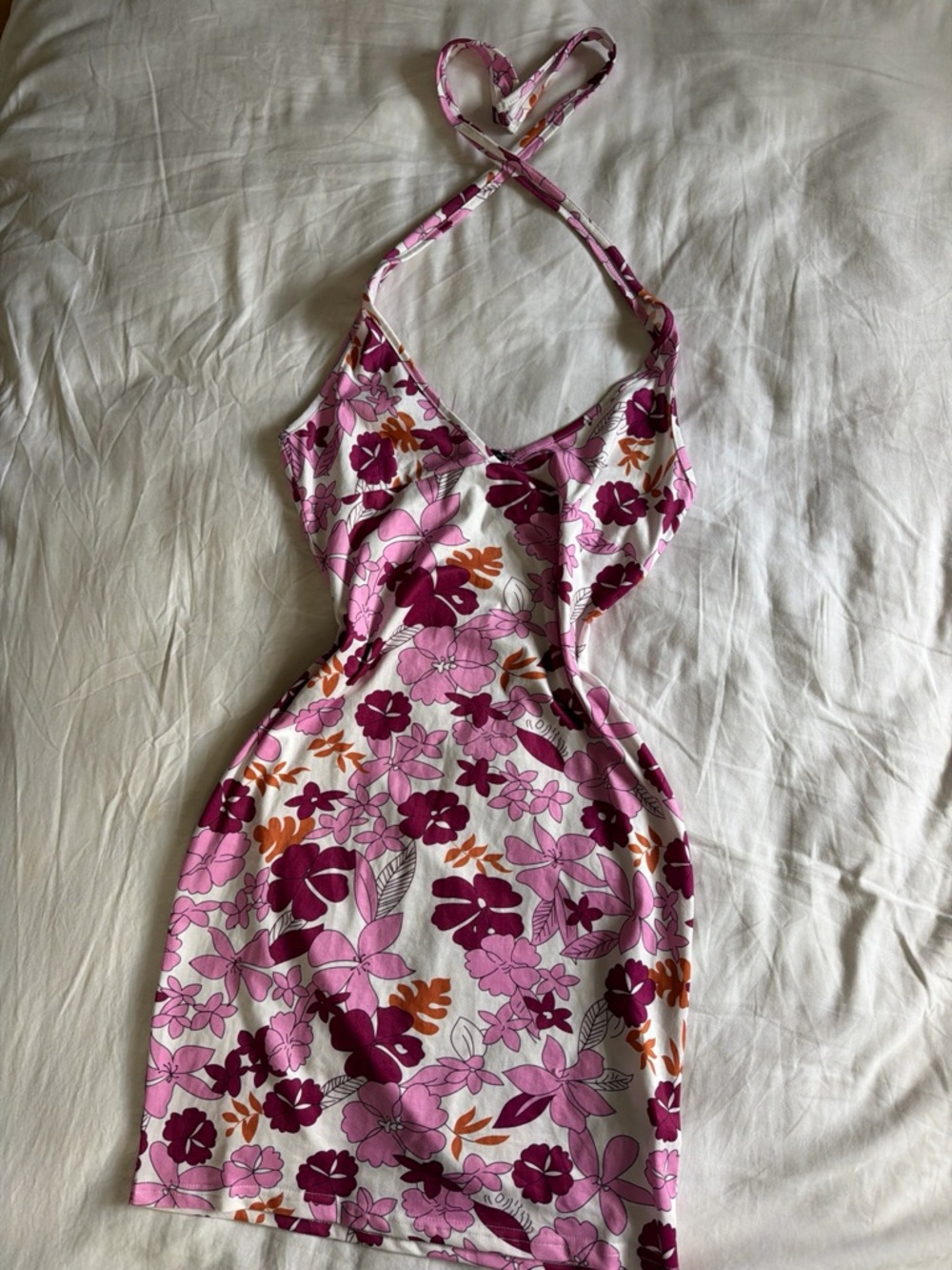 Y2K Floral Halter Mini Dress Medium Pink/Orange/Burgundy
